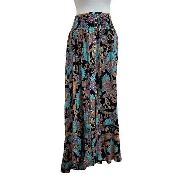 Haute Hippie Dresses & Skirts - Haute Hippie Black & Blue Bright Floral Print Button Front High Low Maxi Skirt